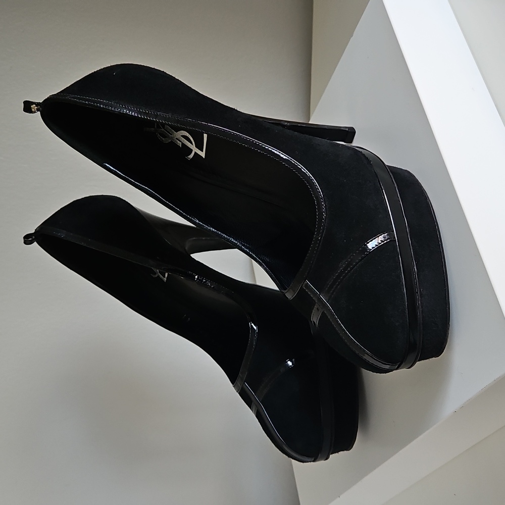 YSL Yves Saint Laurent Black Suede & Patent Leather Platform Heels Size EU 41 - Picture 3 of 8